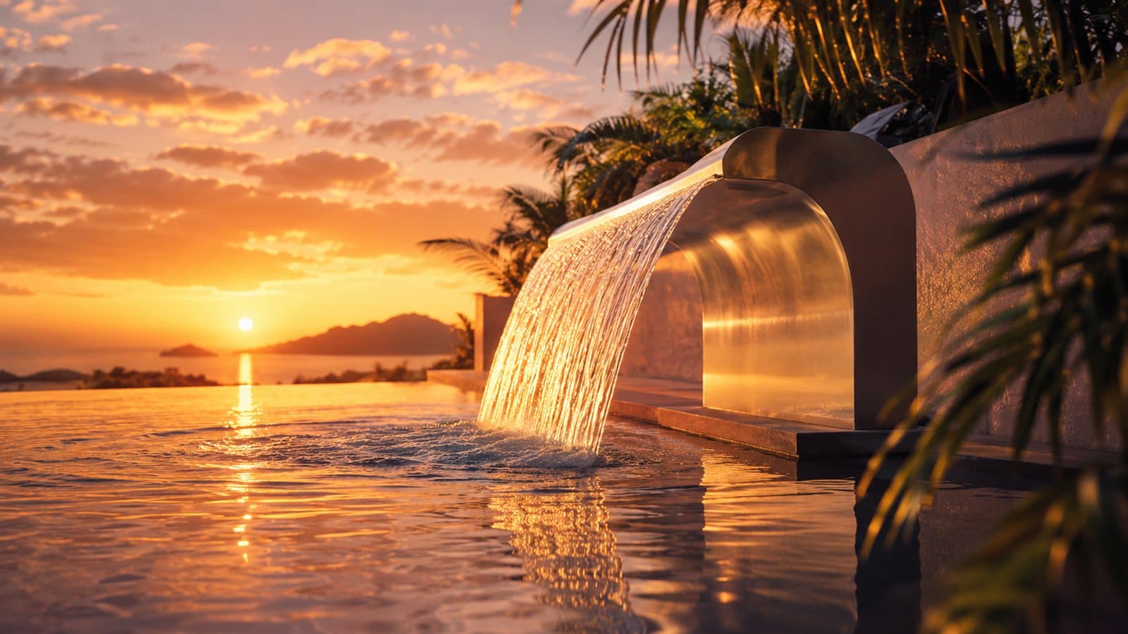 Cascata de aço inox em piscina ao pôr do sol com reflexos dourados na água