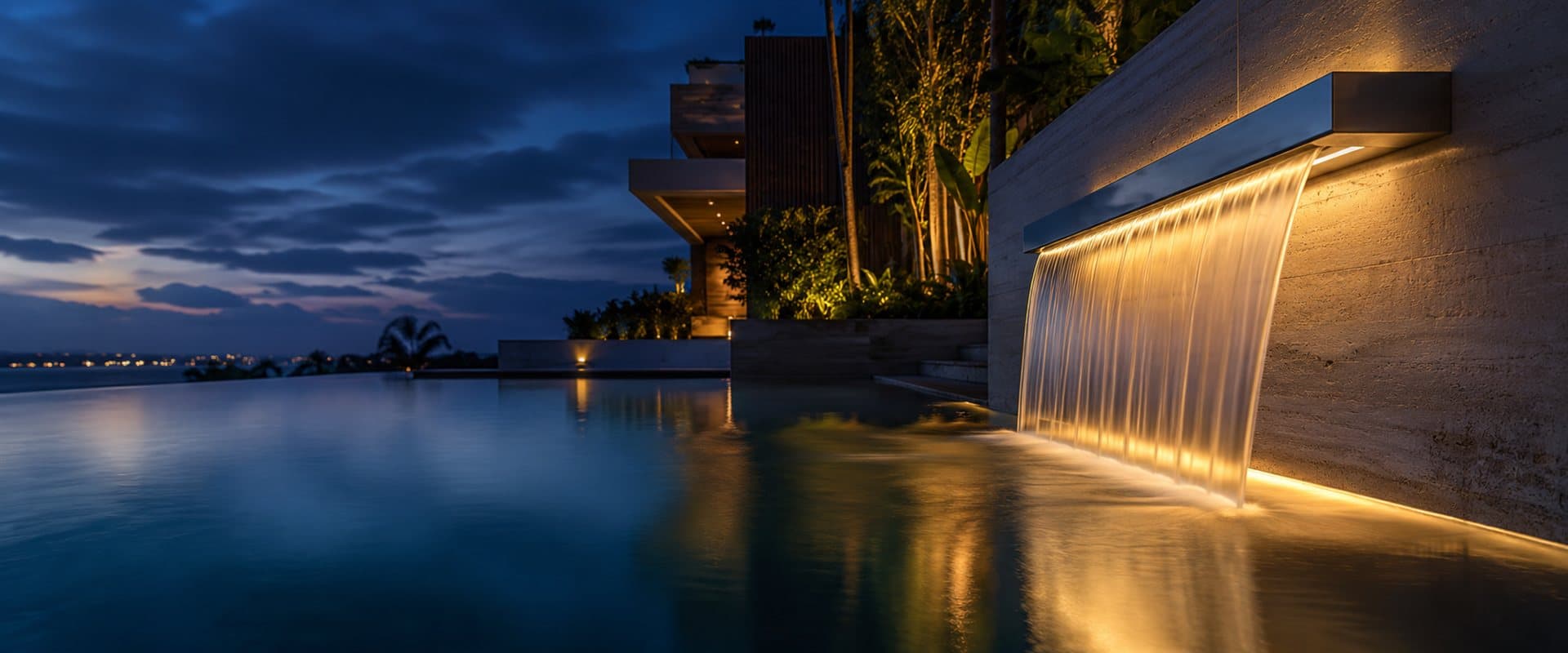 Cascata para piscina em aço inox iluminada em piscina de borda infinita ao entardecer