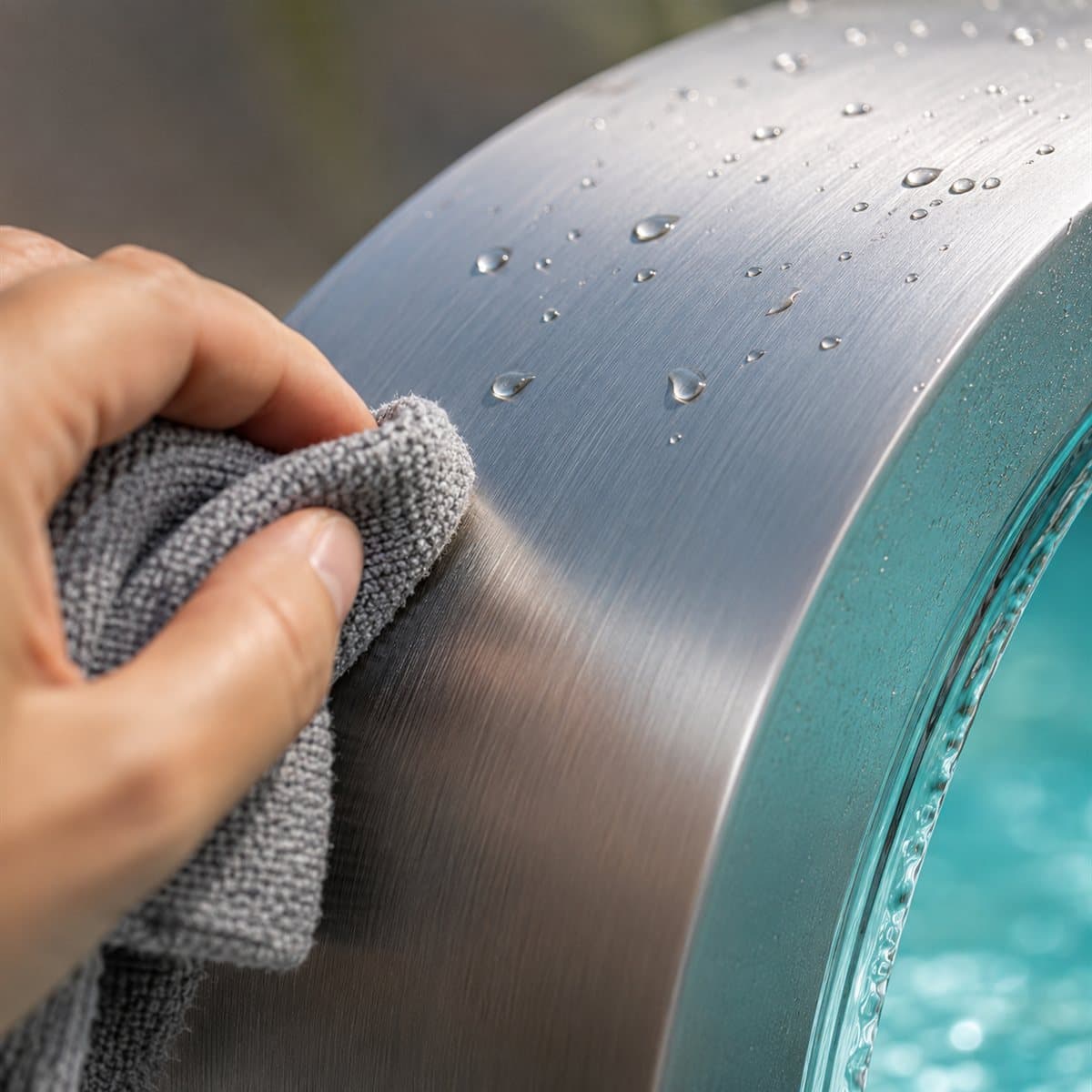Mão limpando a superfície de aço inox escovado de uma cascata com flanela