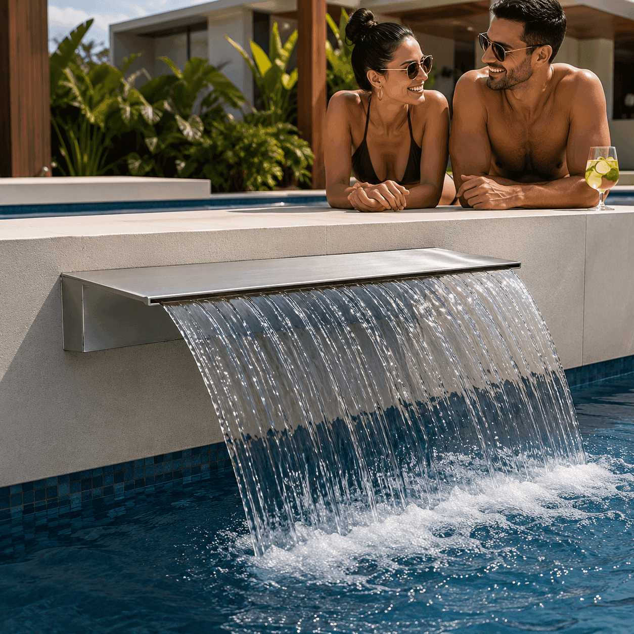 Cascata Embutir Lamina Longa Boca Amassada 40cm Inox 304 — Cascata para Piscina